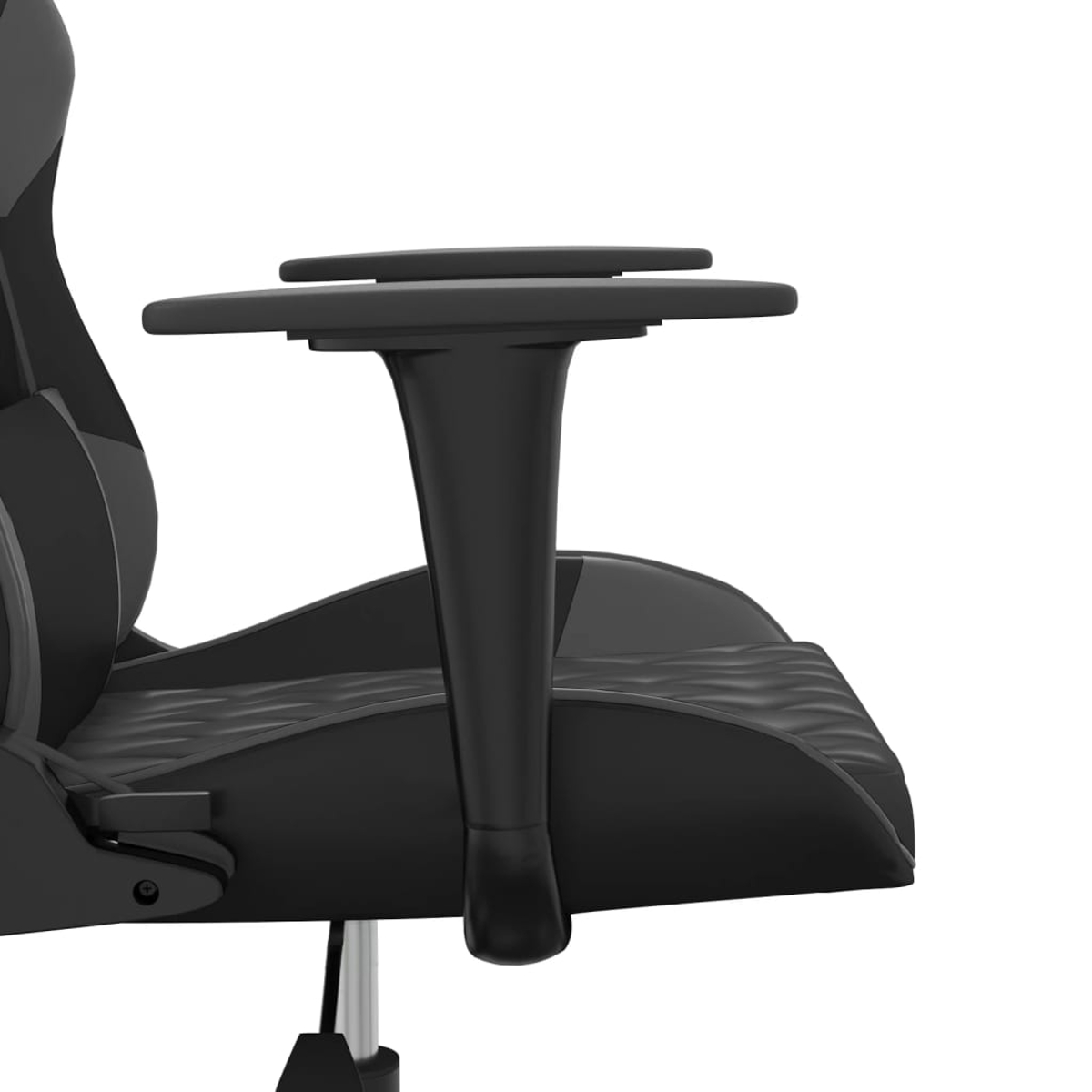 Nahaufnahme eines schwarzen Gaming-Stuhl-Armlehnen- und Sitzbereichs.
