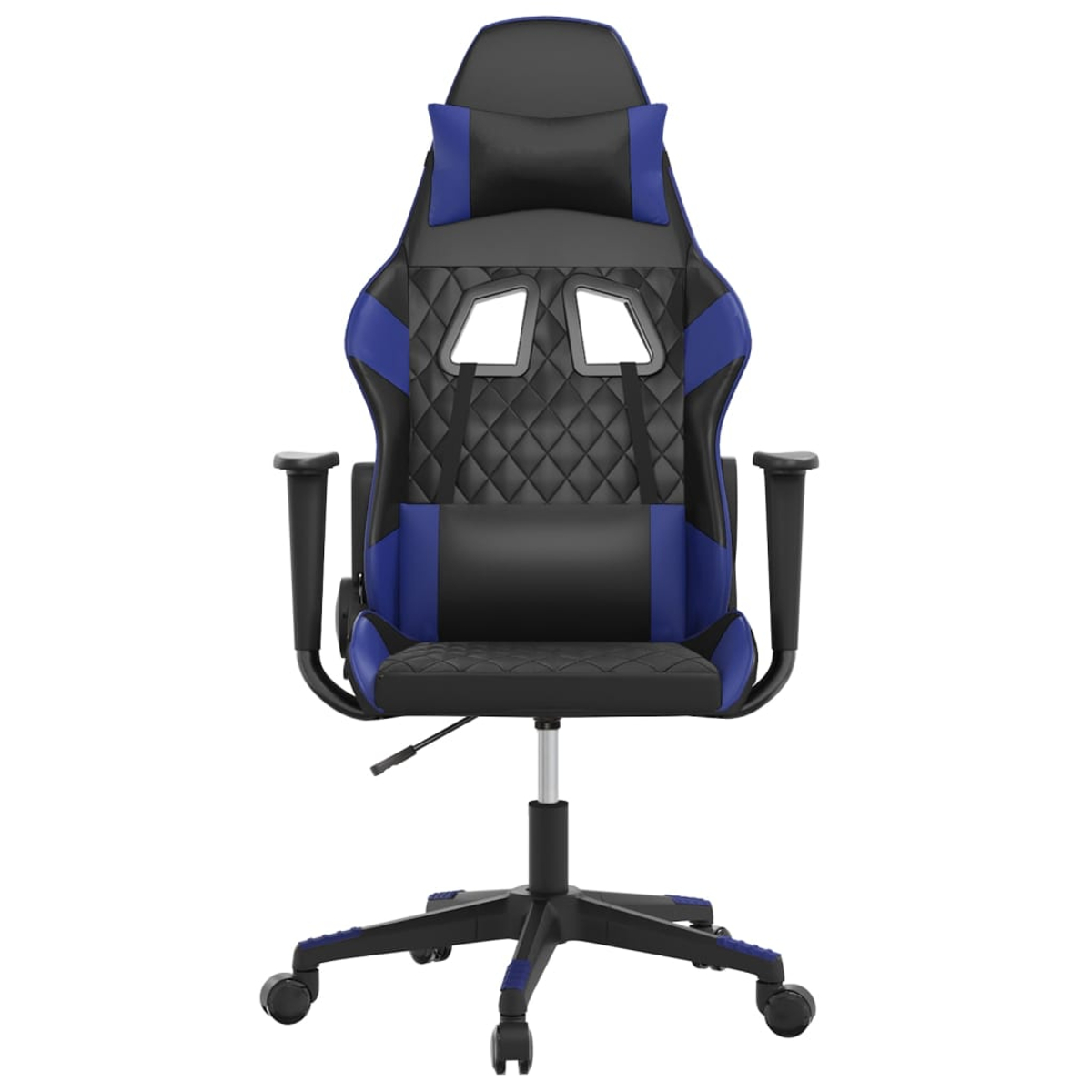 Ein schwarzer und blauer Gaming-Stuhl mit Rädern und verstellbaren Armlehnen.
