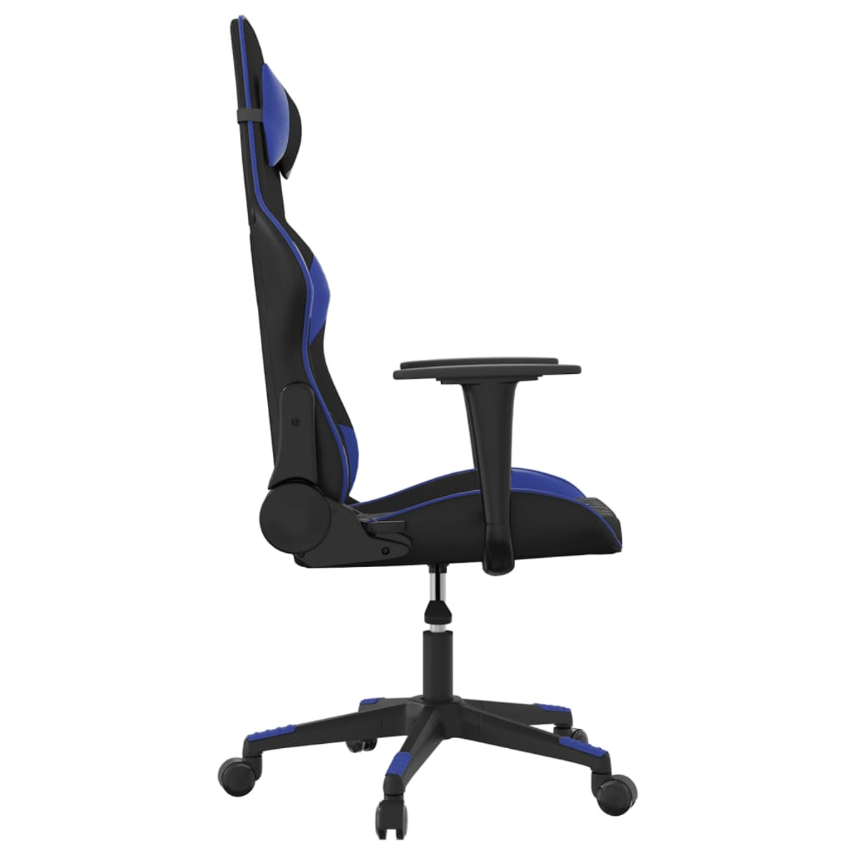 Schwarzer Gaming-Stuhl mit blauen Akzenten, Seitenansicht.