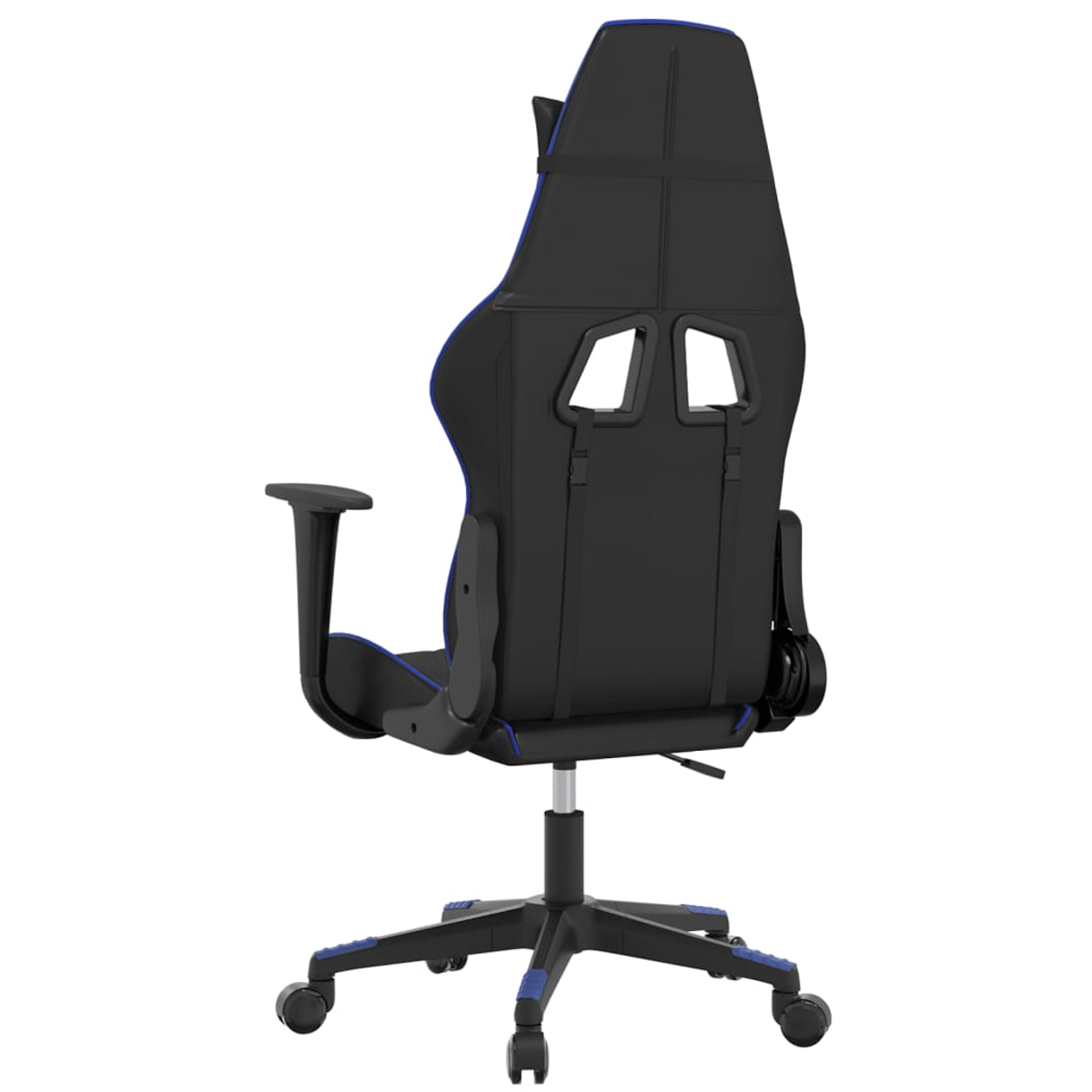 Schwarzer Gaming-Stuhl mit blauen Akzenten und Rollen.
