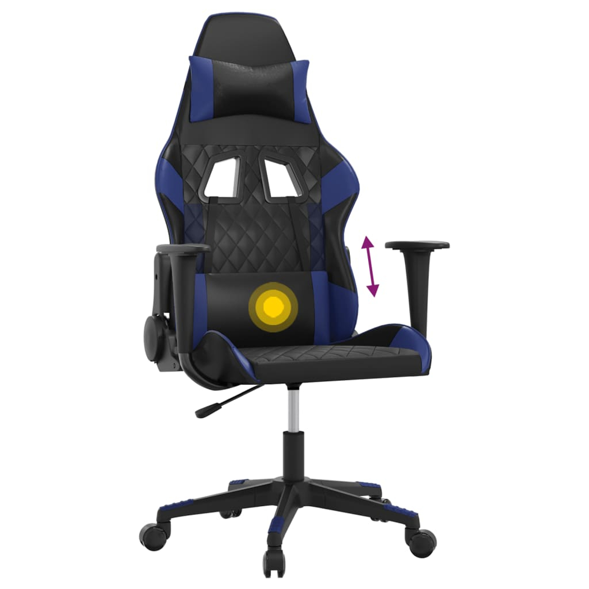 Schwarzer und blauer Gaming-Stuhl mit verstellbaren Armlehnen und Lendenkissen.