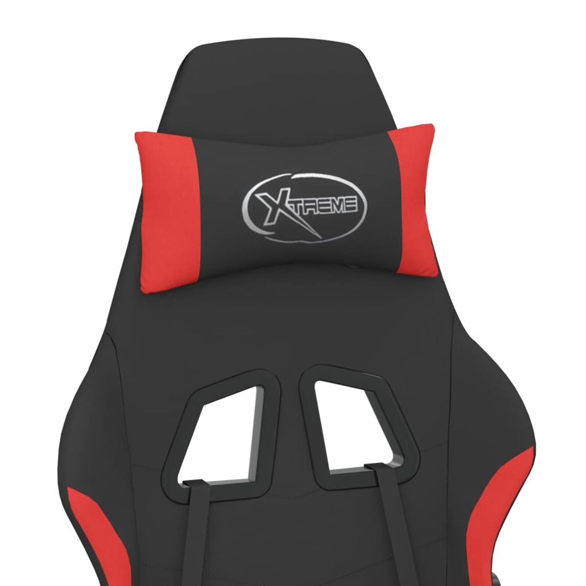 Schwarzer Gaming-Stuhl mit rotem Nackenkissen und Logo.