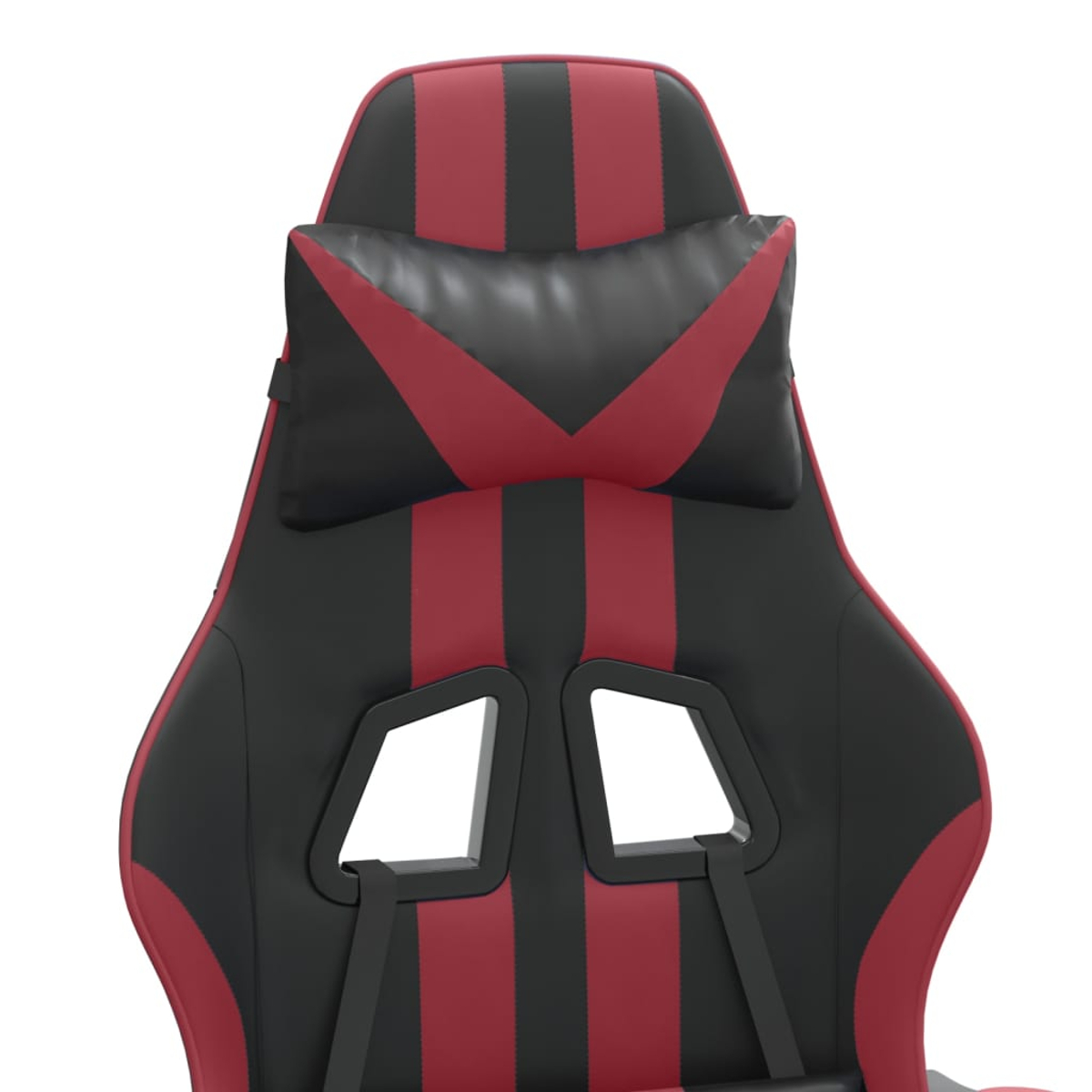 Schwarzer und roter Gaming-Stuhl mit Kopfkissen und&nbsp;Aussparungen.