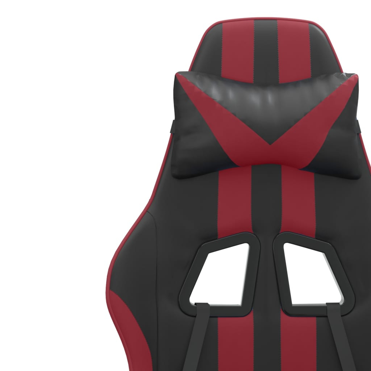 Ein schwarzer und roter Gaming-Stuhl mit Nackenkissen und Ausschnitten.