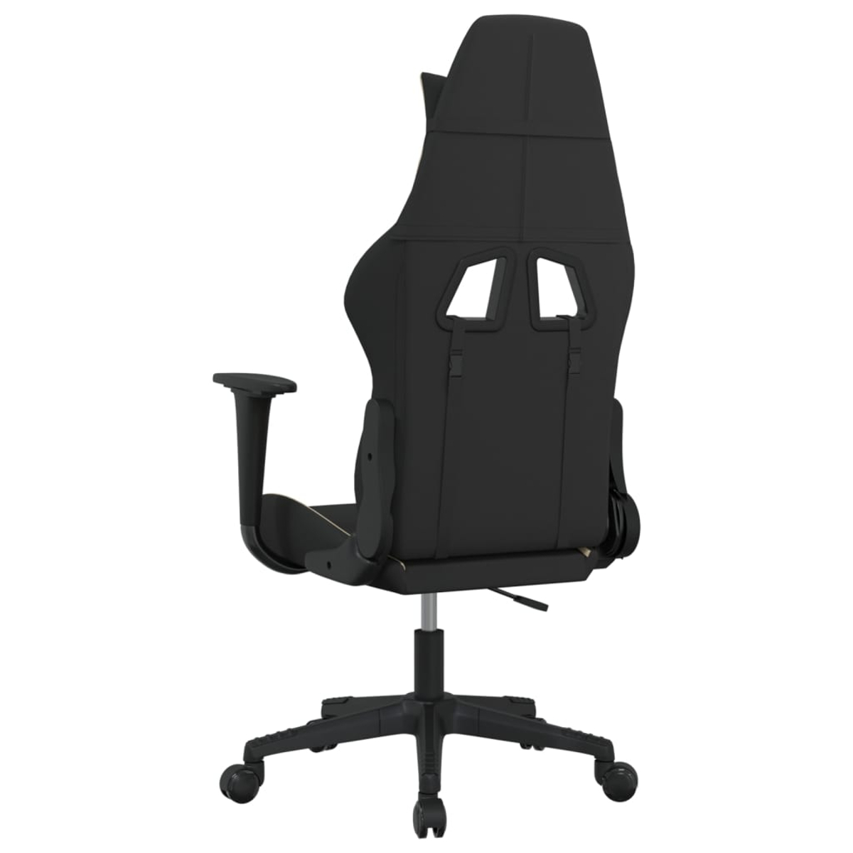 Schwarzer Gamingstuhl von hinten mit verstellbaren Armlehnen und Rollen.