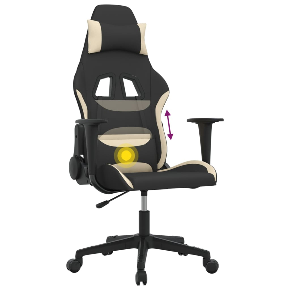 Ein schwarzer und beiger Gaming-Stuhl mit verstellbarer Lendenwirbelstütze und Kopfstütze.