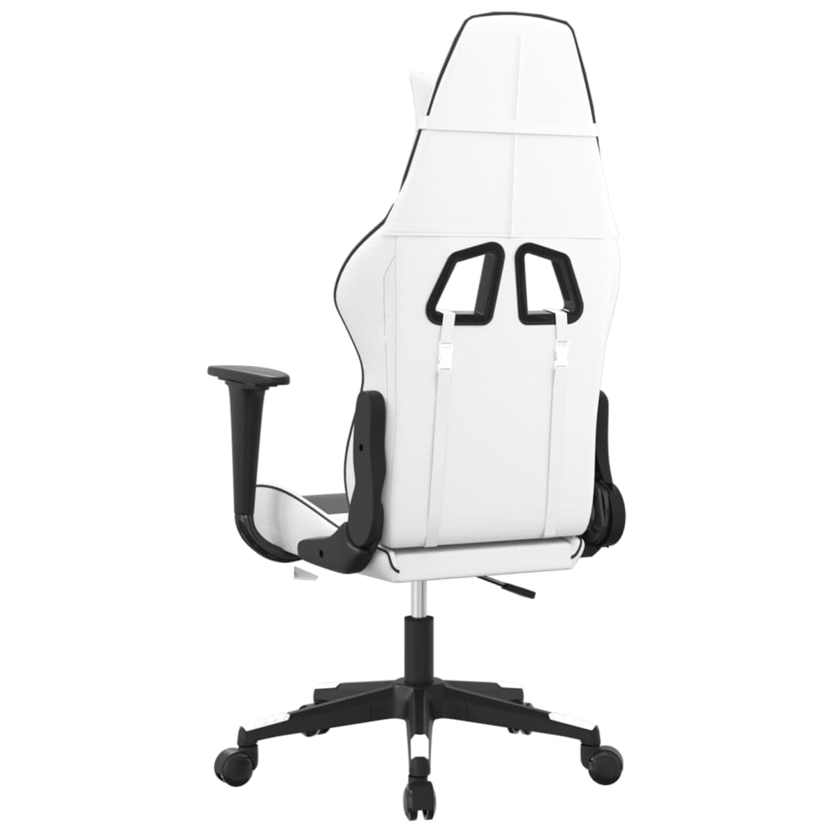 Rückansicht eines weißen Gaming-Stuhls mit schwarzen Akzenten und Rollen.