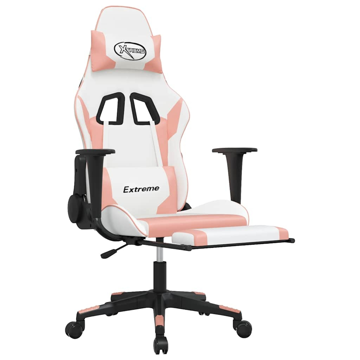 Ein weißer und rosafarbener Gaming-Stuhl mit ausziehbarem Fußbrett und Kopfstütze.