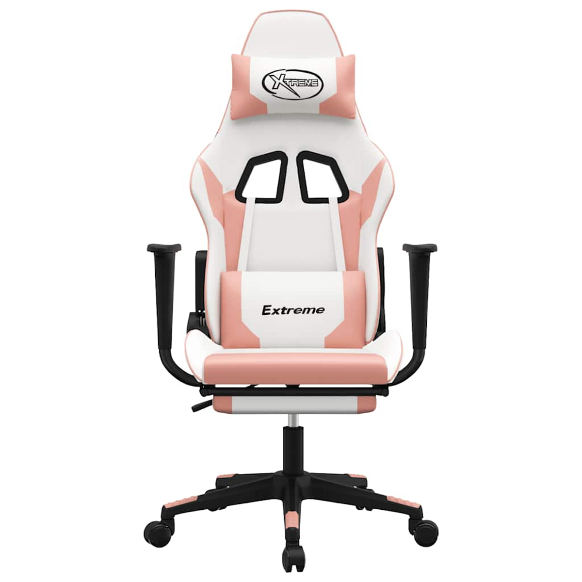Ein weißer und rosafarbener Gaming-Stuhl mit schwarzem Sternfuß und Rollen.
