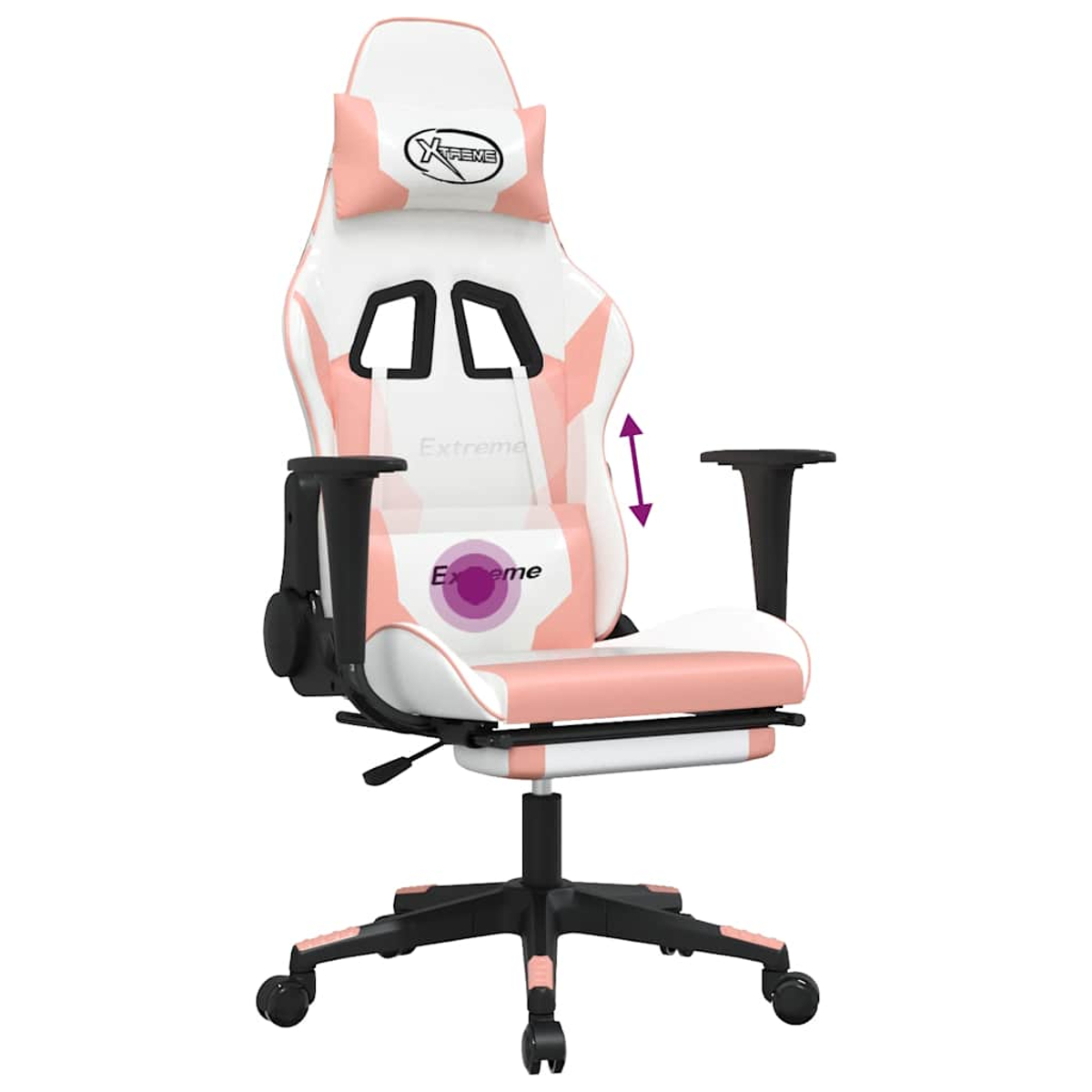 Ein weißer und rosa Gaming-Stuhl mit verstellbaren Armlehnen und Fußstütze.