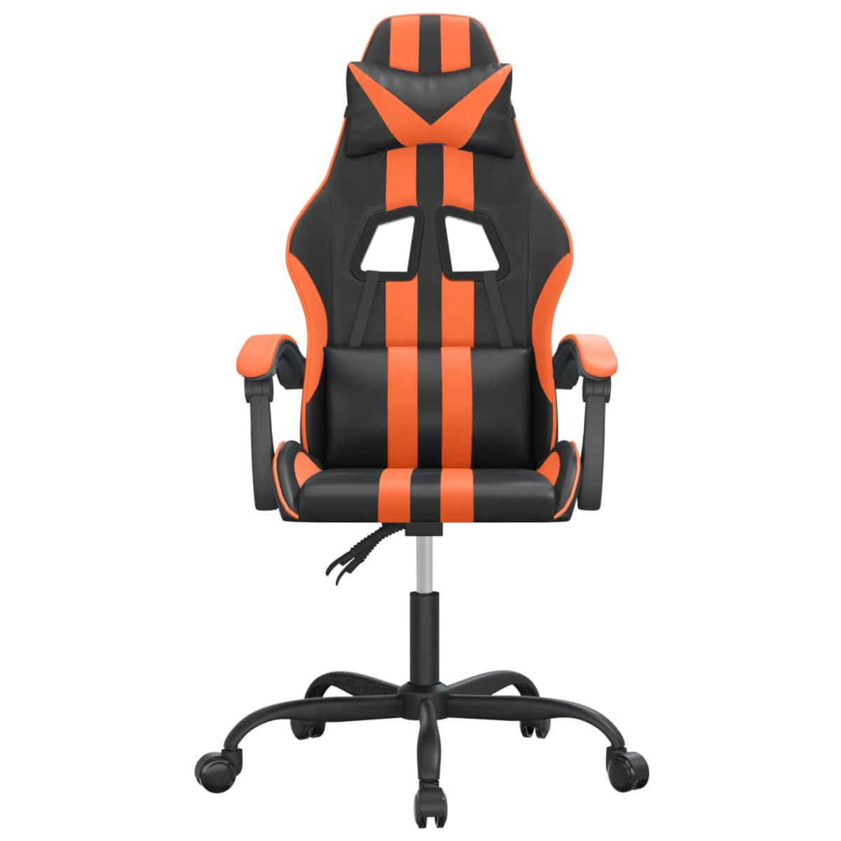 Ein schwarzer Gaming-Stuhl mit orangefarbenen Streifen und Rädern.