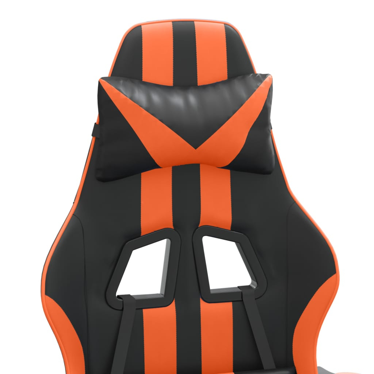 Ein orange-schwarzer Gaming-Stuhl mit Kopfkissen und Riemen.