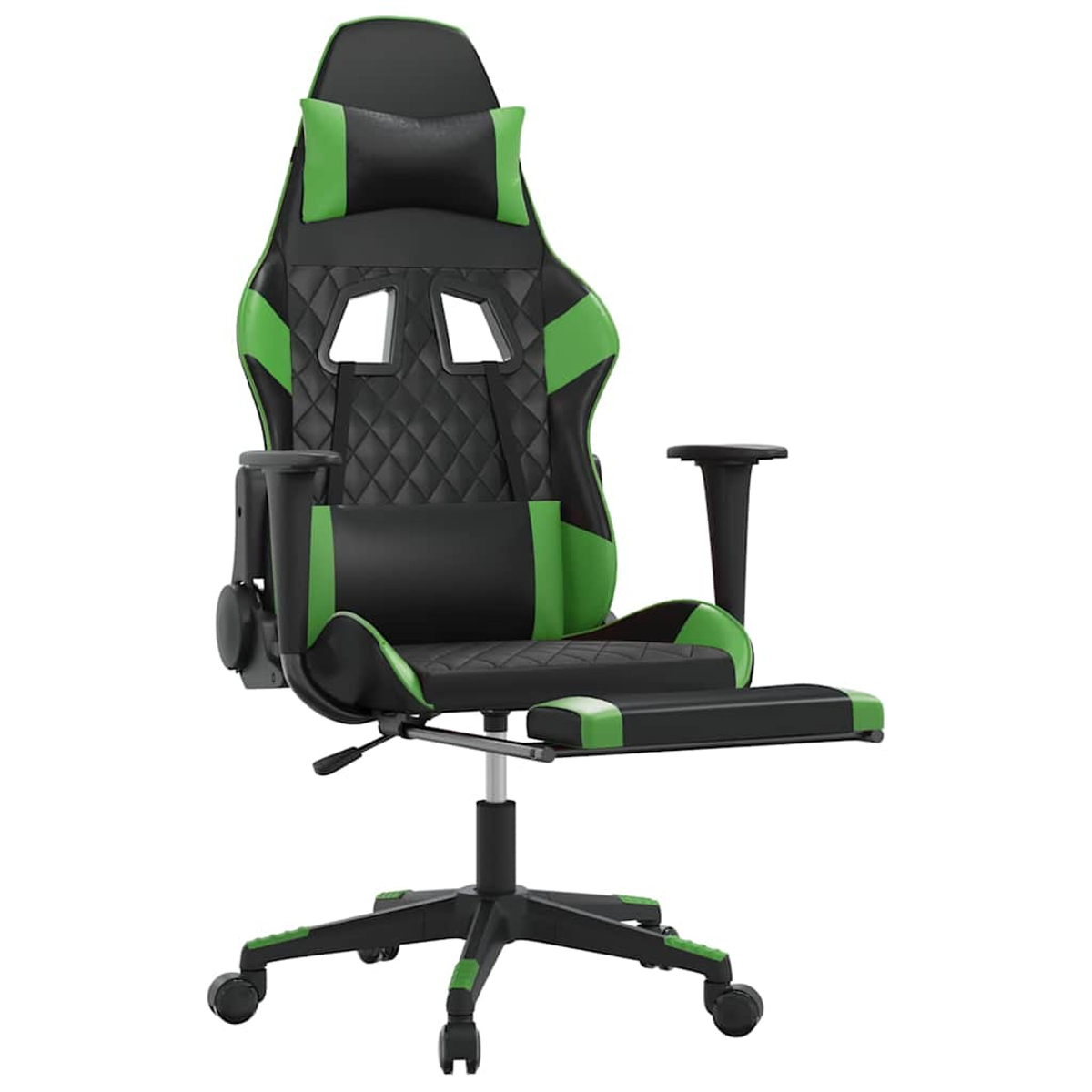 Schwarzer Gaming-Stuhl mit grünen Akzenten und Fußstütze.