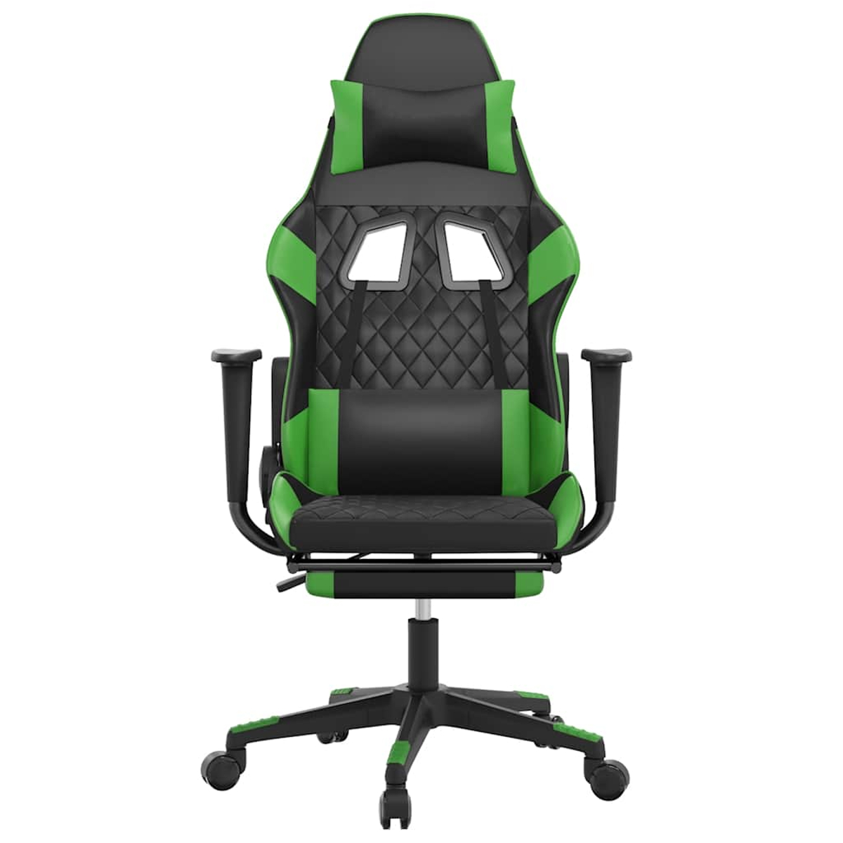 Ein schwarzer und grüner Gaming-Stuhl mit Kopfstütze und Lendenkissen.
