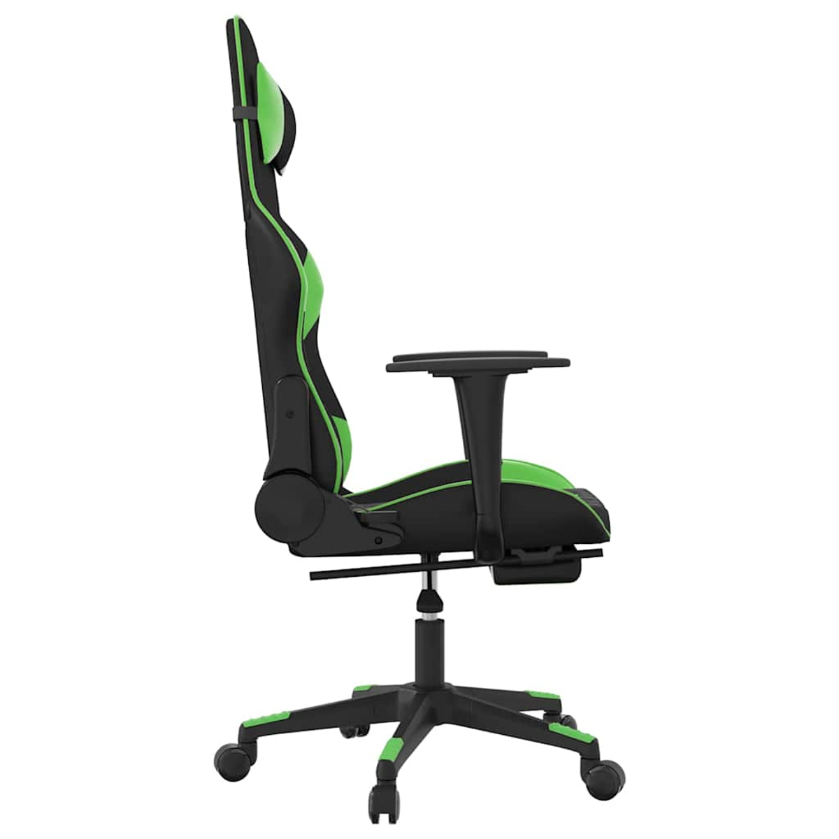 Ein schwarzer Gaming-Stuhl mit grünen Akzenten, von der Seite gesehen.