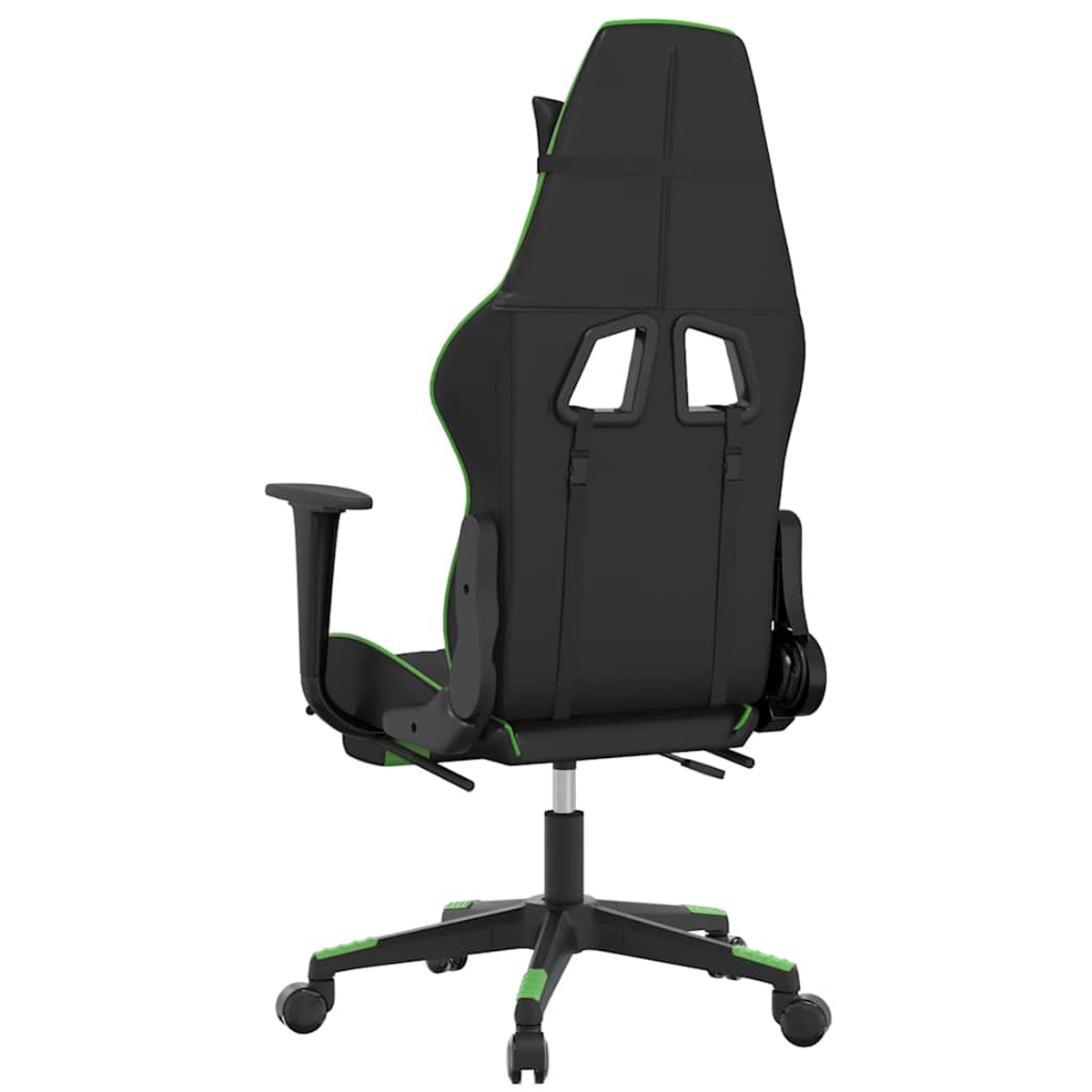 Schwarzer Gaming-Stuhl mit grünen Akzenten, von hinten gesehen.