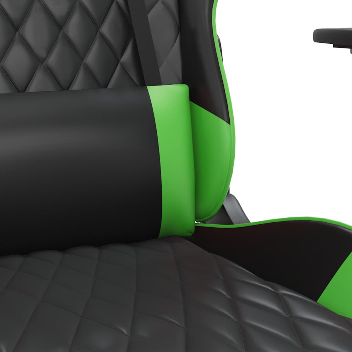 Schwarzer Gamingstuhl mit grünen Akzenten und Nackenkissen.