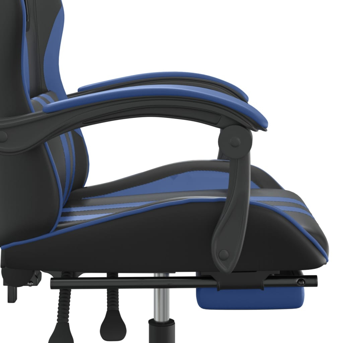 Schwarzer Gaming-Stuhl mit blauen Akzenten, Seitenansicht.
