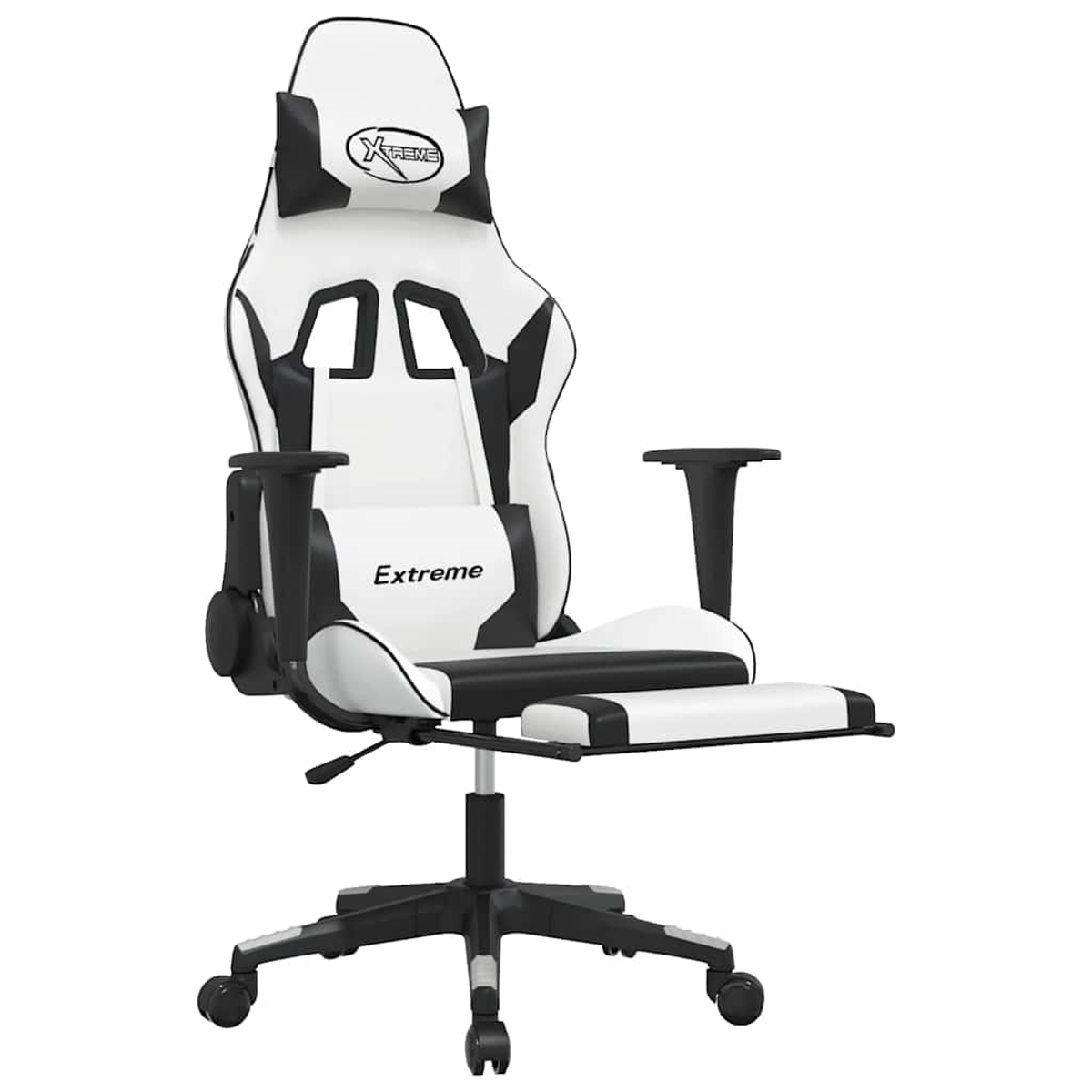 Ein weißer und schwarzer Gaming-Stuhl mit ausziehbarer Fußstütze und Logo.
