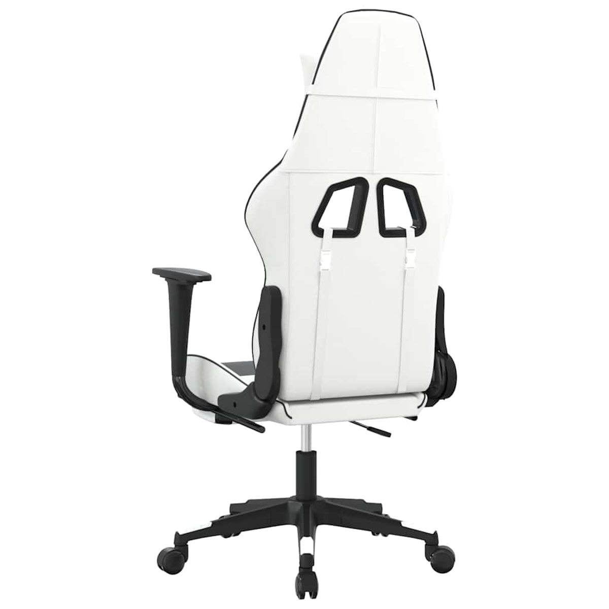 Ein weißer Gaming-Stuhl mit schwarzen Akzenten, von hinten gezeigt.