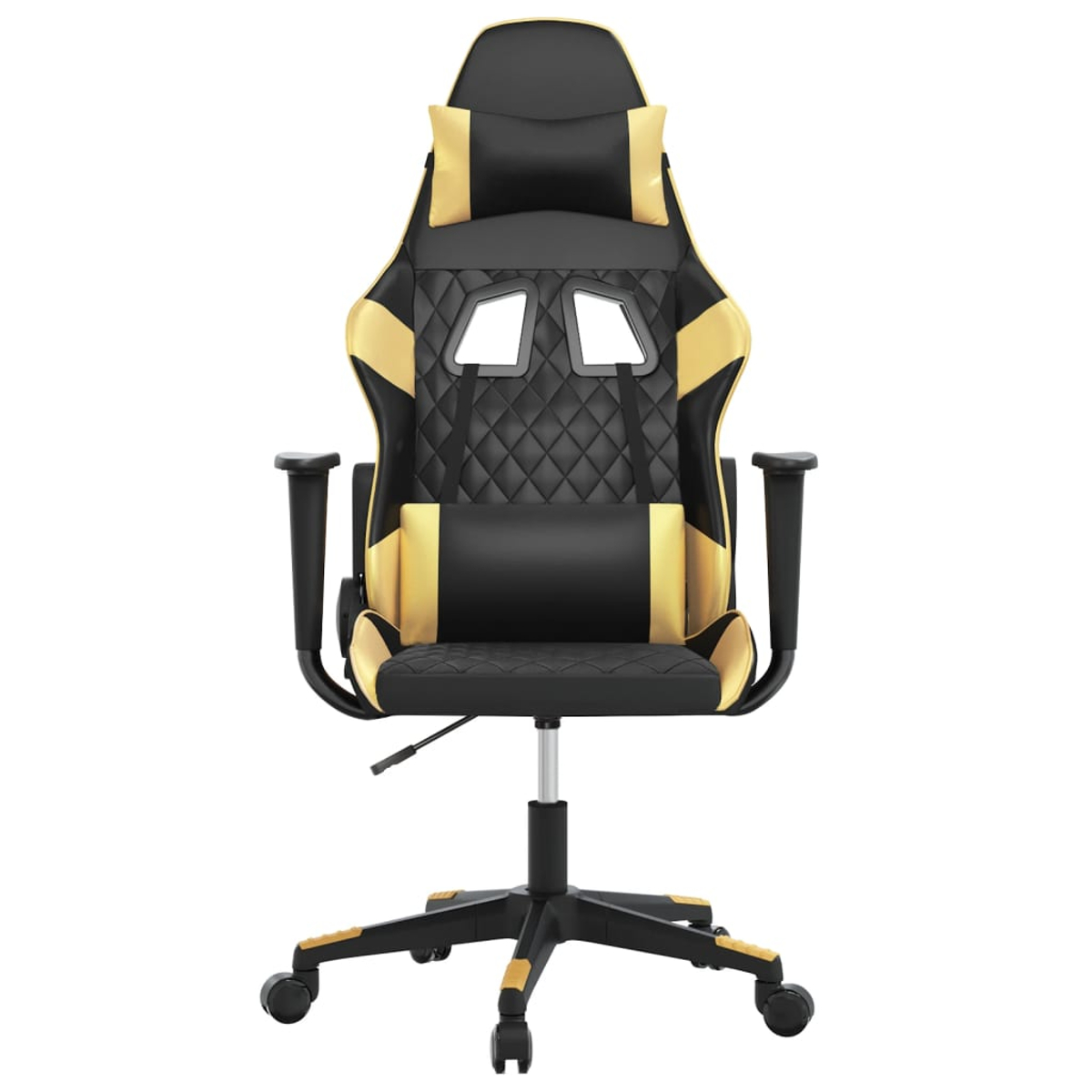 Ein schwarzer und goldener Gaming-Stuhl mit Kopf- und Lendenkissen.