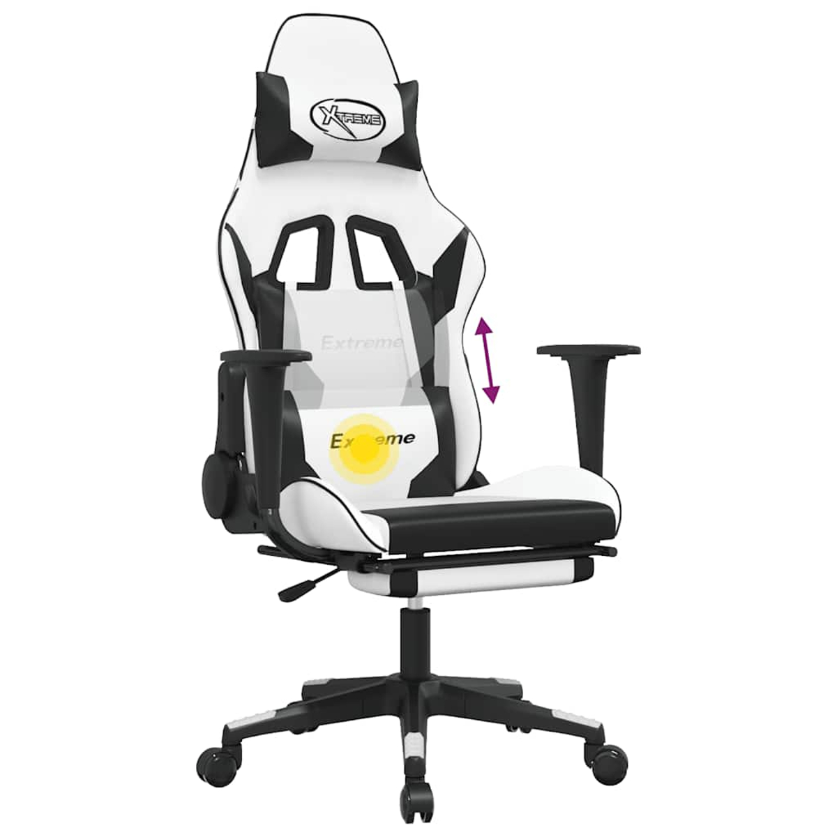 Ein weißer und schwarzer Gamingstuhl mit verstellbarer Rückenlehne und Fußstütze.
