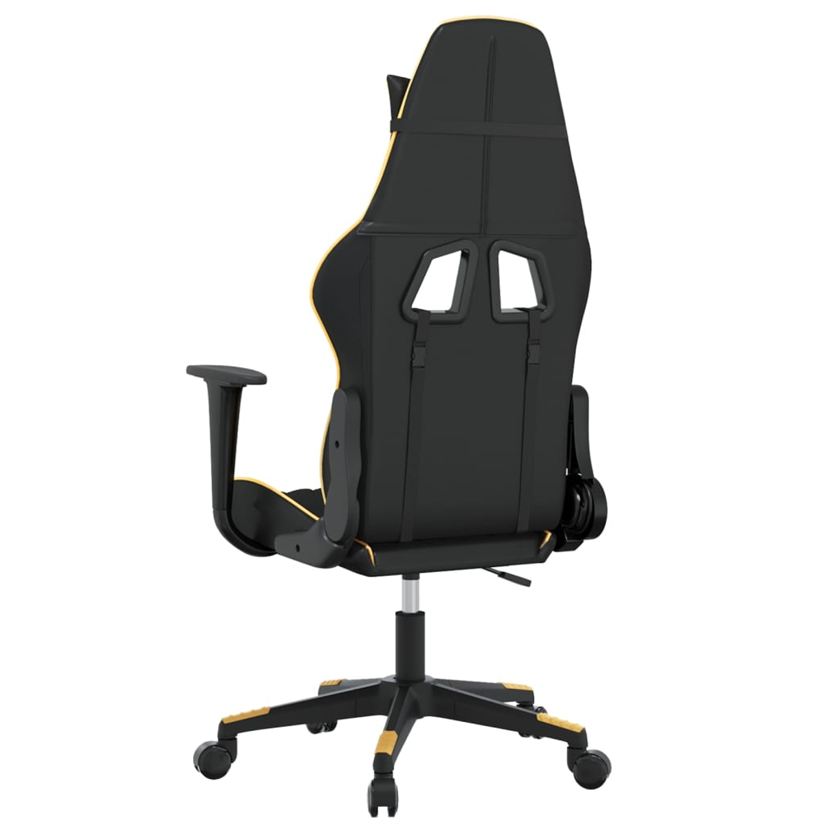 Schwarzer Gaming-Stuhl mit gelben Akzenten, von hinten gezeigt.