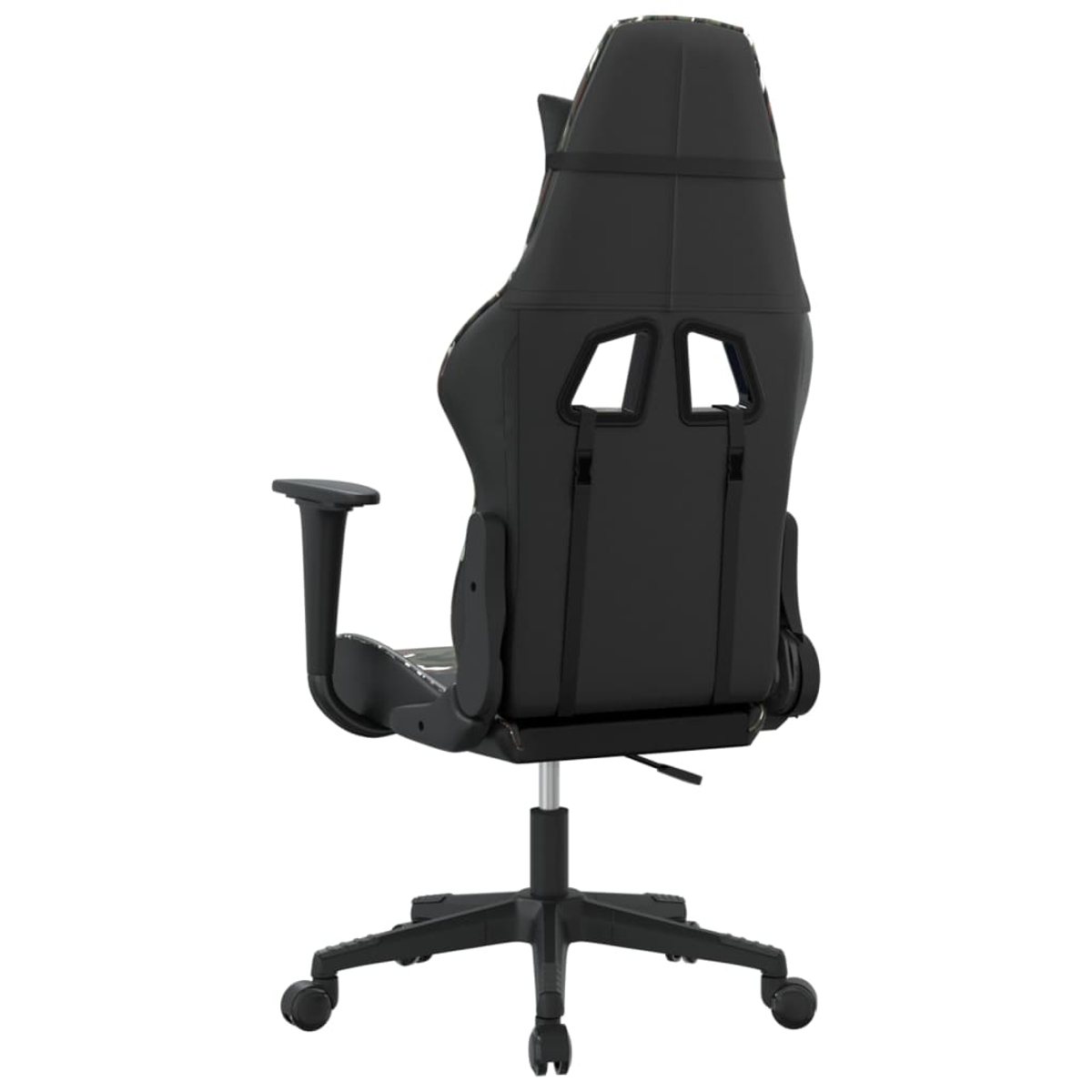 Ein schwarzer Gaming-Stuhl mit Armlehnen, gesehen von hinten, auf Rollen.