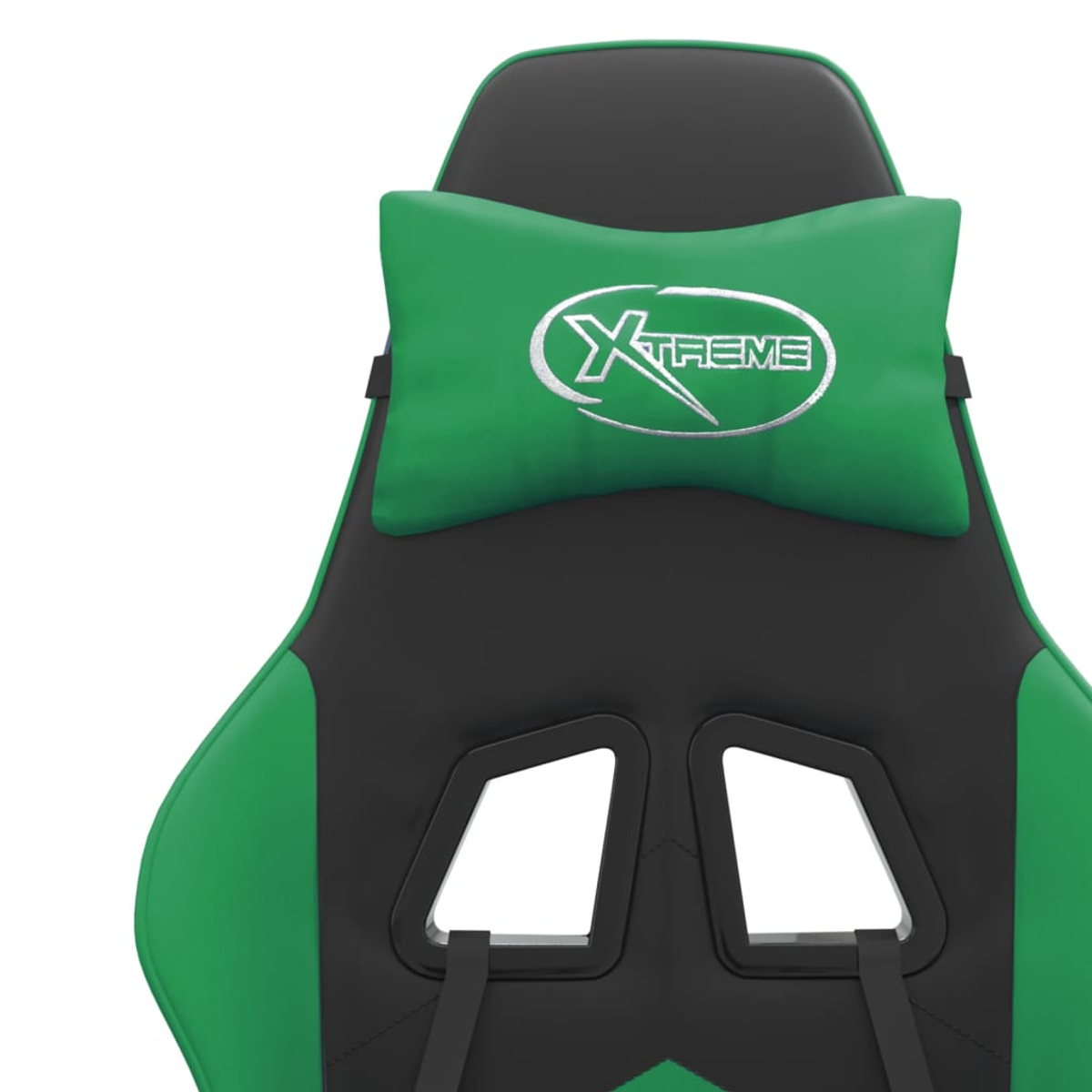 Ein grünes Nackenkissen mit dem Xtreme-Logo auf einem schwarzen und grünen Gaming-Stuhl.