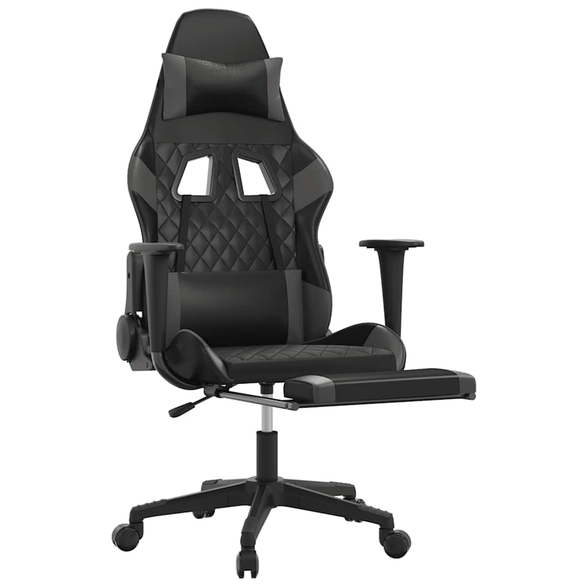 Ein schwarzer Gaming-Stuhl mit ausziehbarer Fußstütze und Nackenkissen.