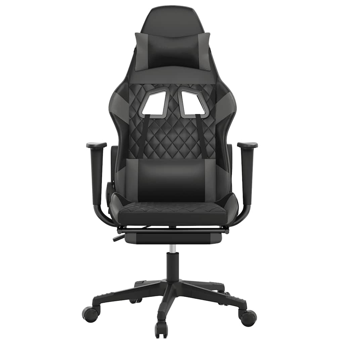 Schwarzer Gaming-Stuhl mit Diamantsteppung, Kopfstütze und Lendenkissen.