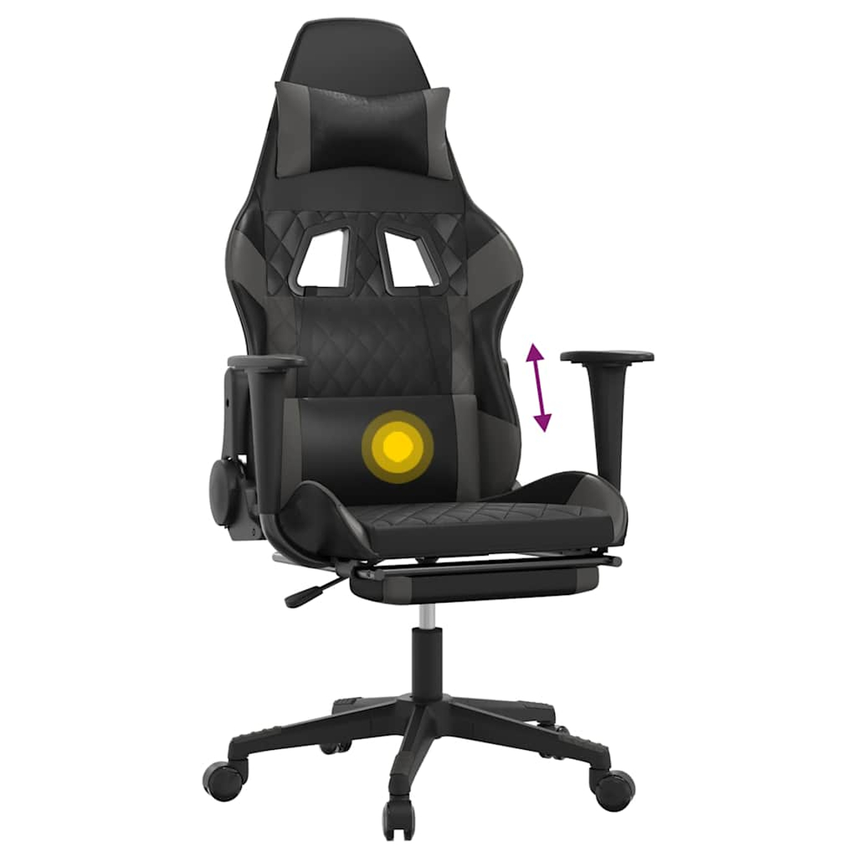 Ein schwarzer Gaming-Stuhl mit Lendenkissen und Nackenkissen.