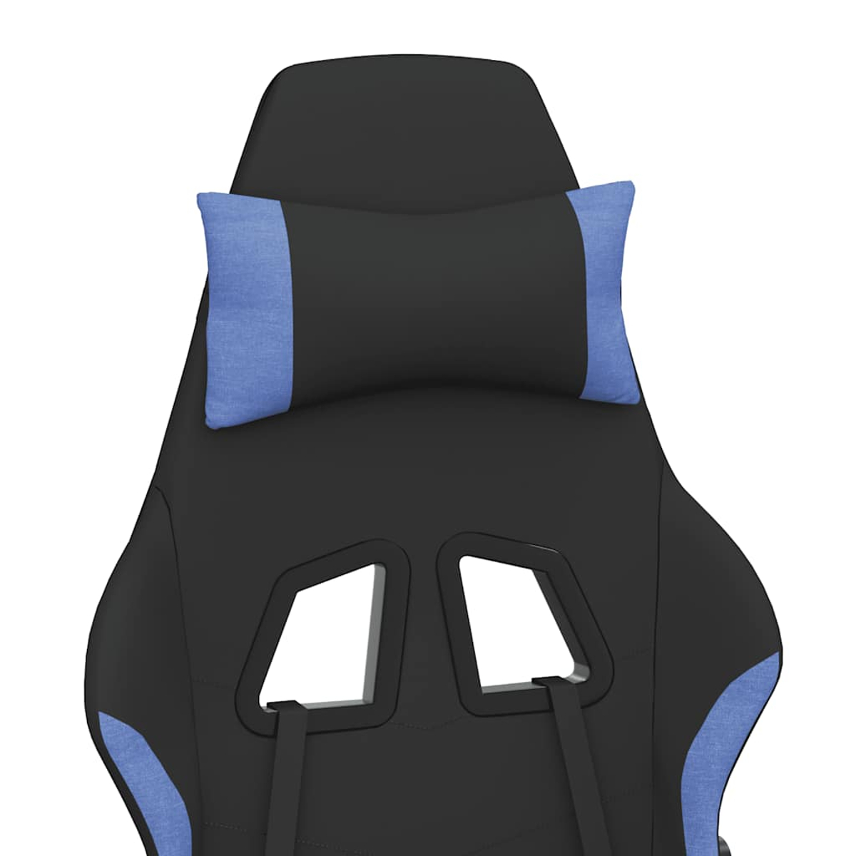 Schwarzer Gaming-Stuhl mit blauen Akzenten und Kopfkissen.