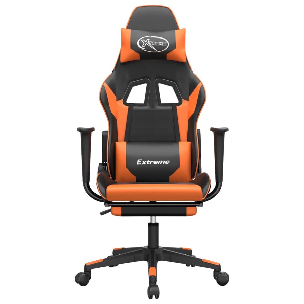 Ein schwarzer und oranger Gaming-Stuhl mit Rädern und einem Schriftzug.
