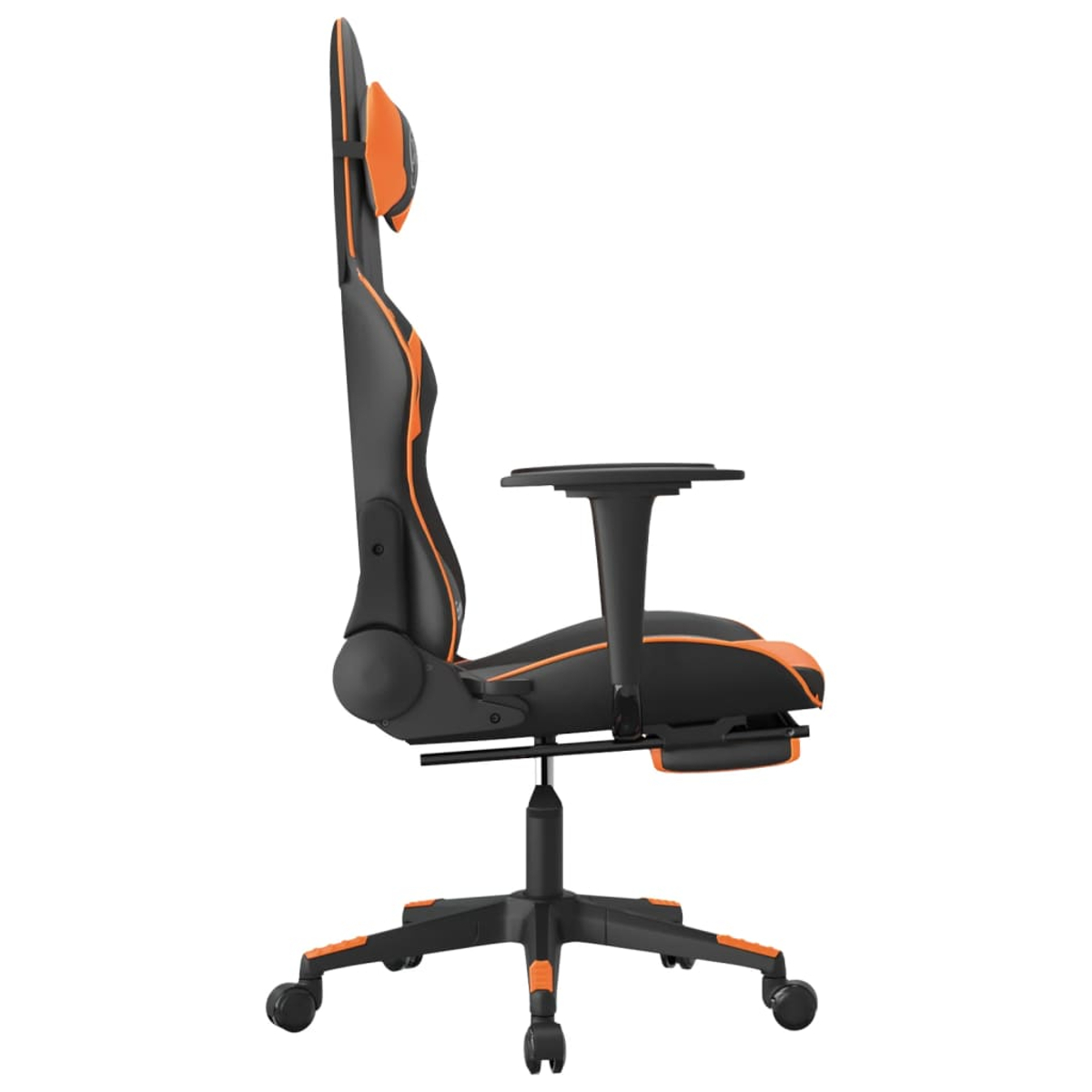 Ein schwarzer Gaming-Stuhl mit orangefarbenen Akzenten, von der Seite gesehen.