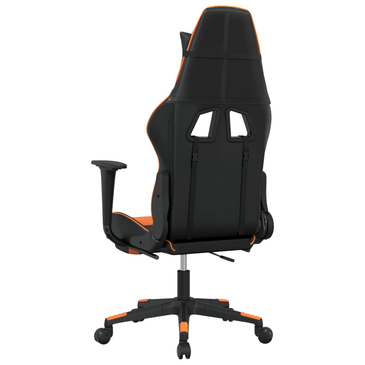 Schwarzer Gaming-Stuhl mit orangefarbenen Akzenten, von hinten gesehen.