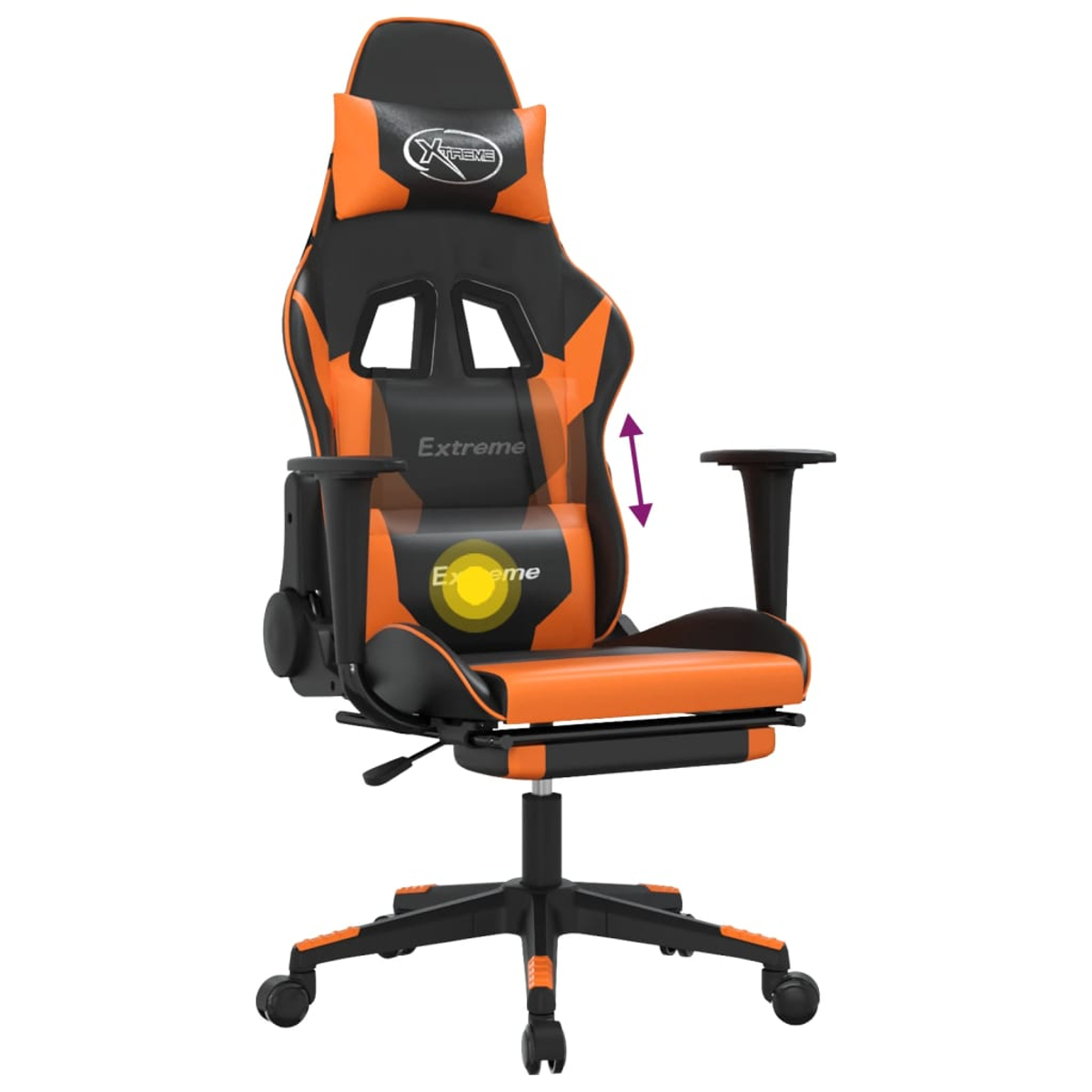 Ein schwarzer und oranger Gaming-Stuhl mit verstellbarer Rückenlehne und Fußstütze.