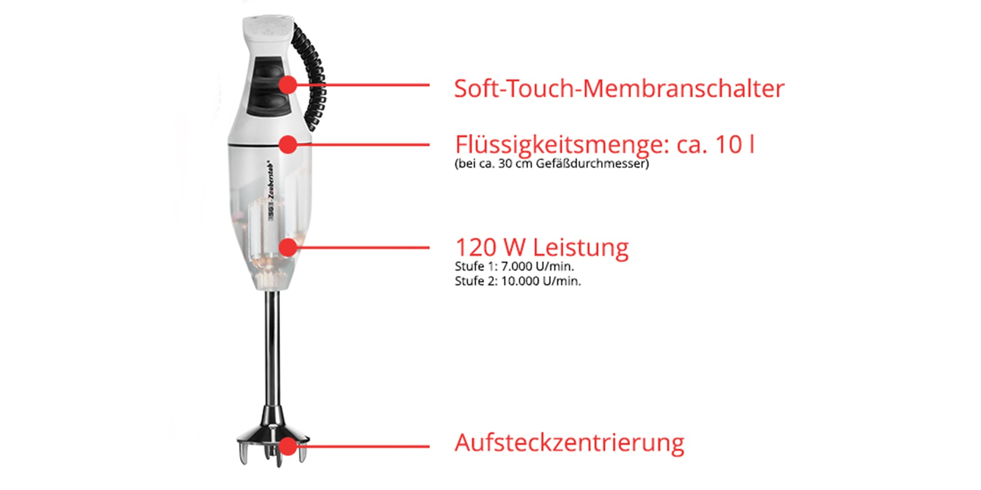 Ein weißer Stabmixer mit schwarzen Knöpfen und silbernem Metallfuß.