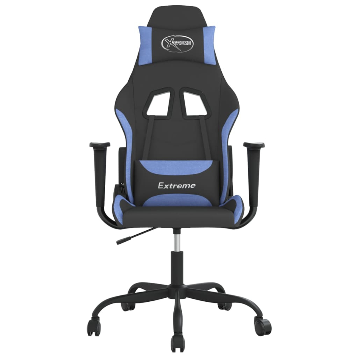 Ein schwarzer Gaming-Stuhl mit blauen Akzenten und Rädern.