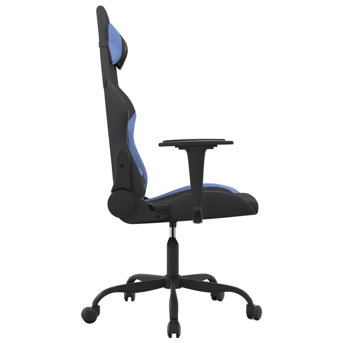 Schwarzer Gaming-Stuhl mit blauen Akzenten, verstellbarem Kopfkissen und Armlehnen.