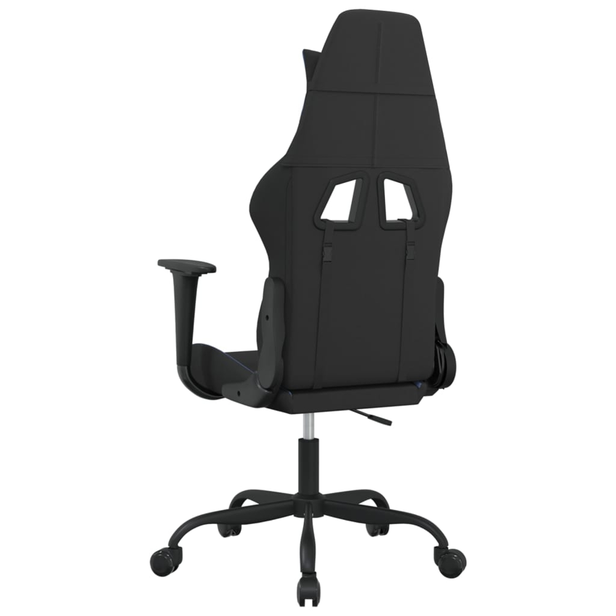 Schwarzer Gaming-Stuhl von hinten mit verstellbaren Armlehnen und Rädern.