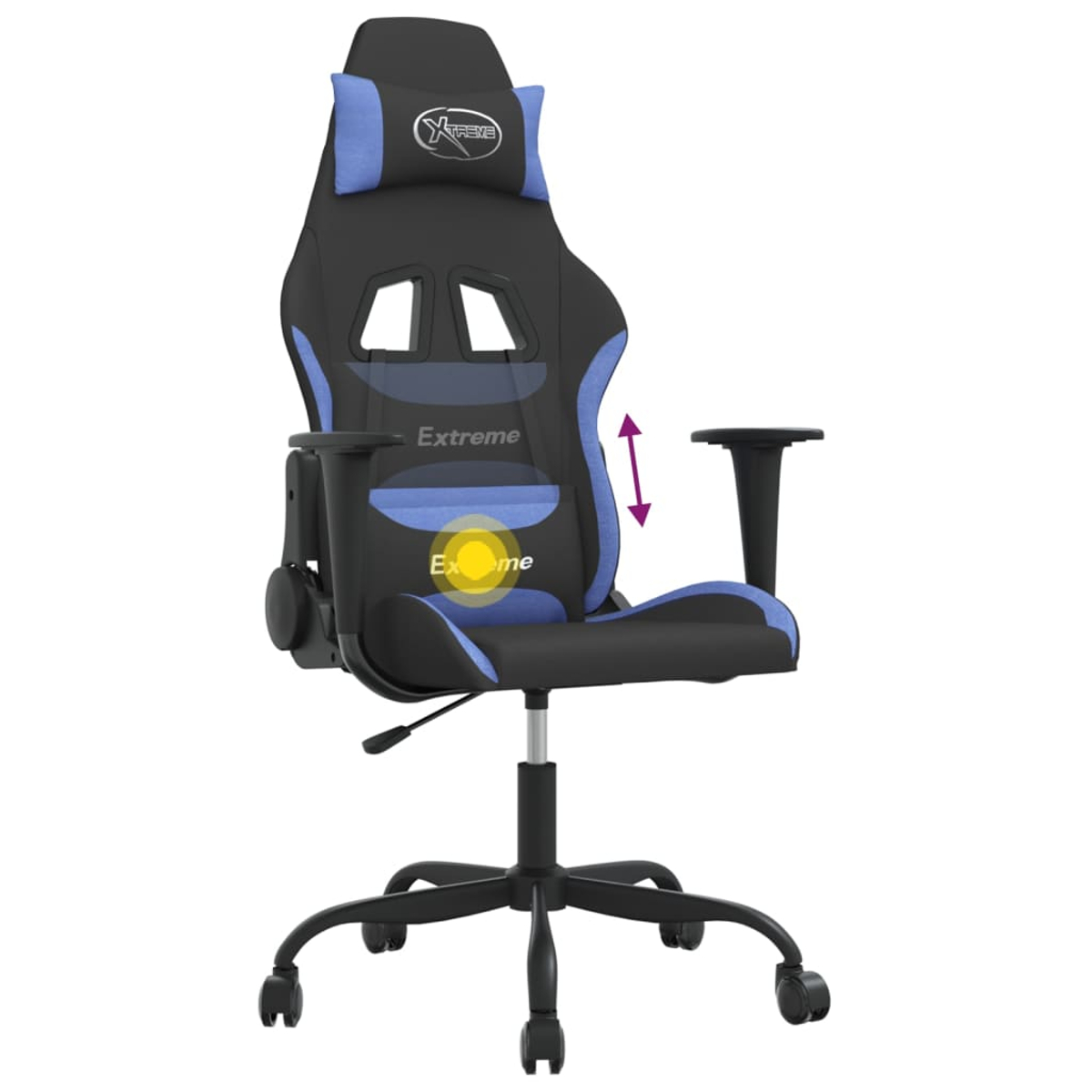 Schwarzer und blauer Gaming-Stuhl mit verstellbaren Armlehnen und einem Kissen.