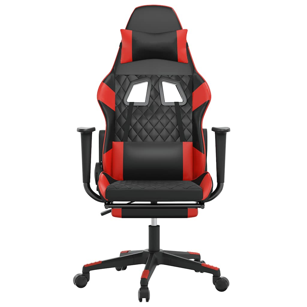 Ein schwarzer Gaming-Stuhl mit roten Akzenten und gesteppten Details.