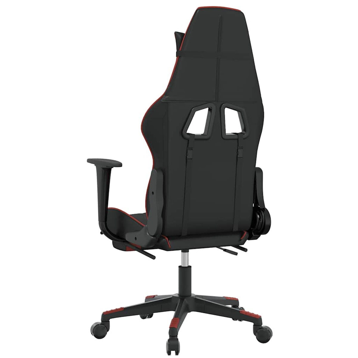 Schwarzer Gaming-Stuhl mit roten Akzenten, von hinten gesehen.