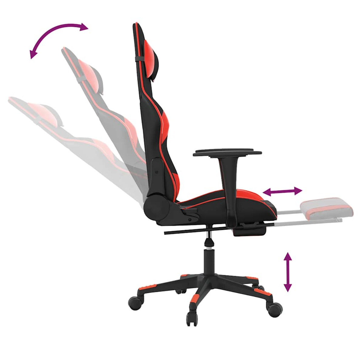 Schwarzer und roter Gaming-Stuhl mit verstellbarer Rückenlehne und ausziehbarer Fußstütze.