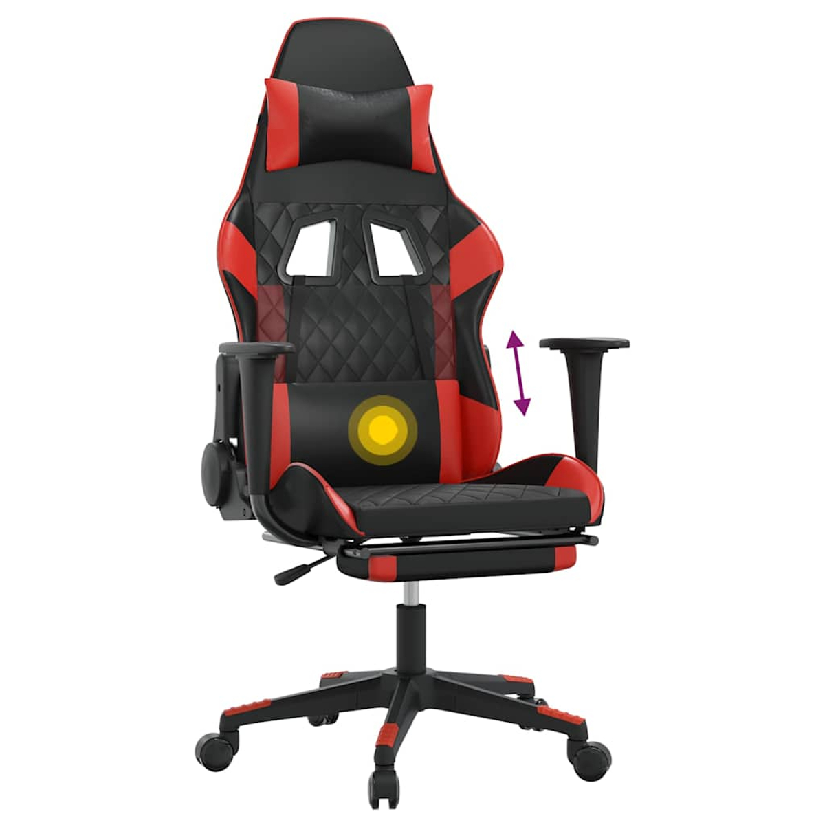 Schwarzer Gaming-Stuhl mit roten Akzenten, Kopfstütze, Lordosenkissen und Fußstütze.