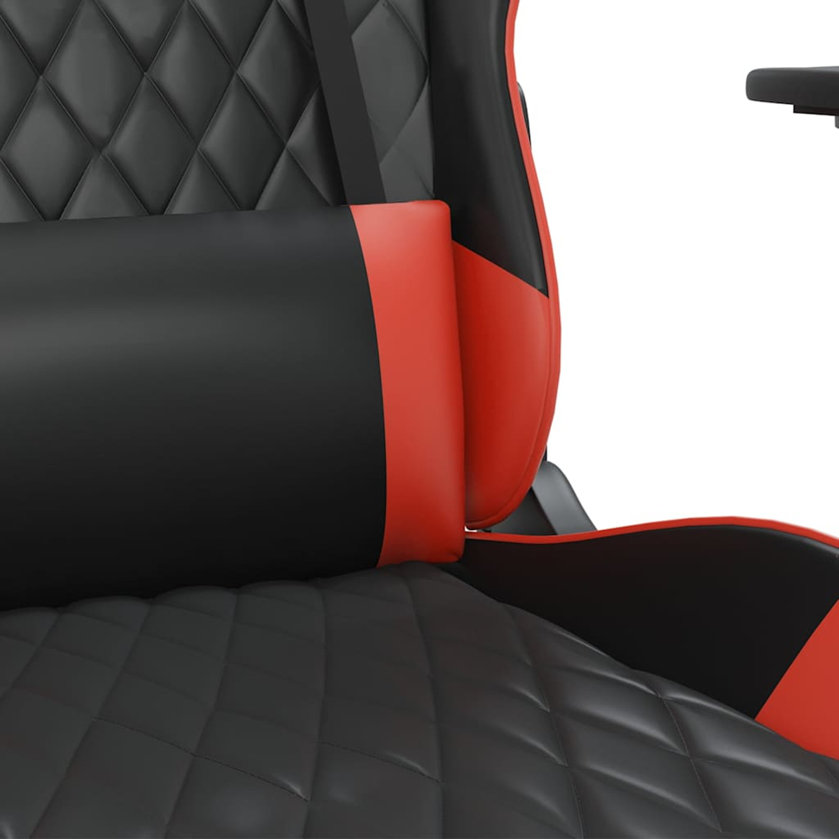 Schwarzer und roter Gaming-Stuhl mit Diamantsteppung und Lendenkissen.