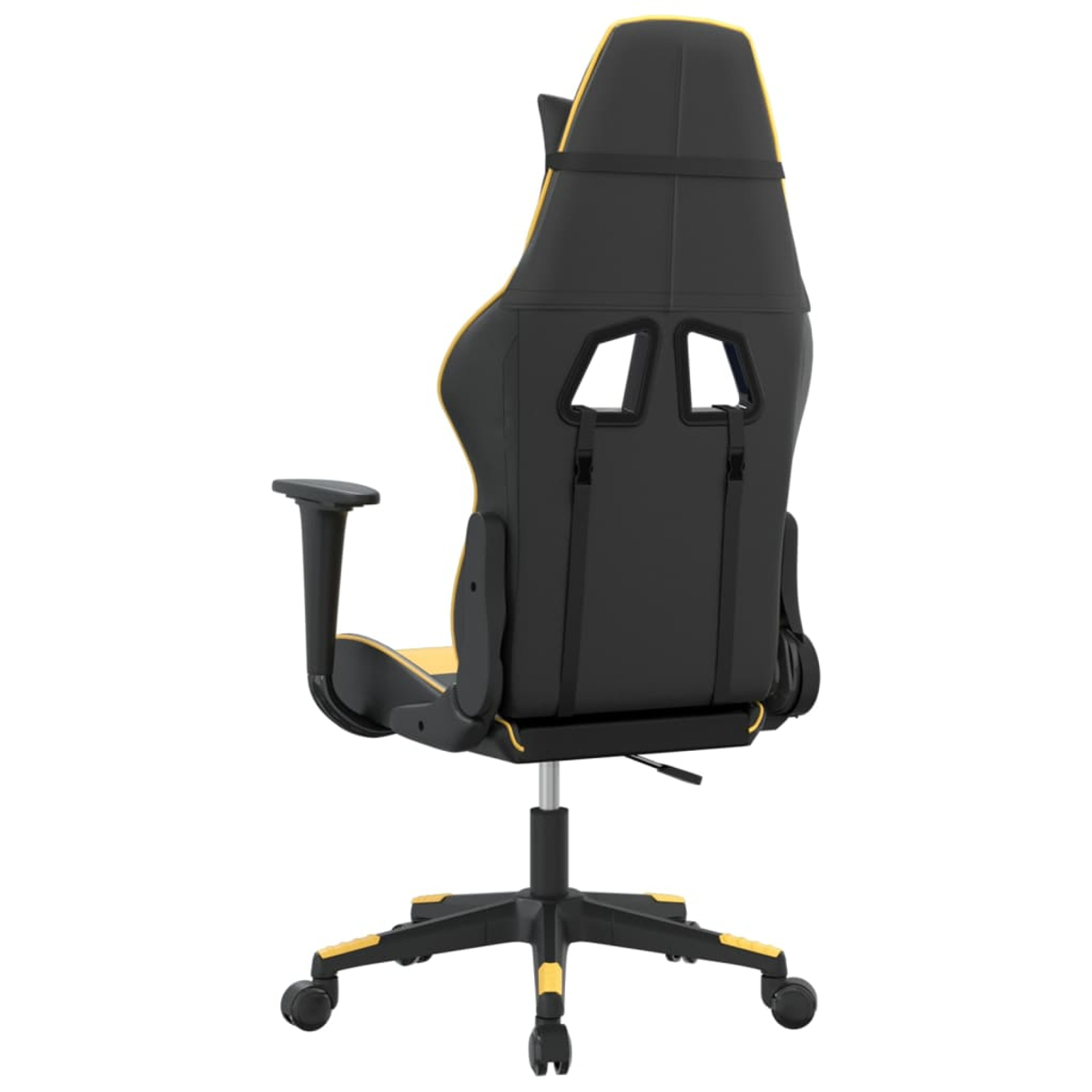Ein schwarzer Gaming-Stuhl mit gelben Akzenten, von hinten gesehen.