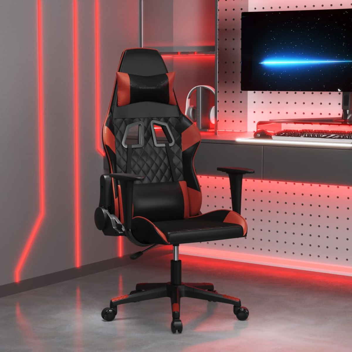 Ein schwarzer Gaming-Stuhl mit roten Akzenten steht in einem Raum mit roter Beleuchtung.