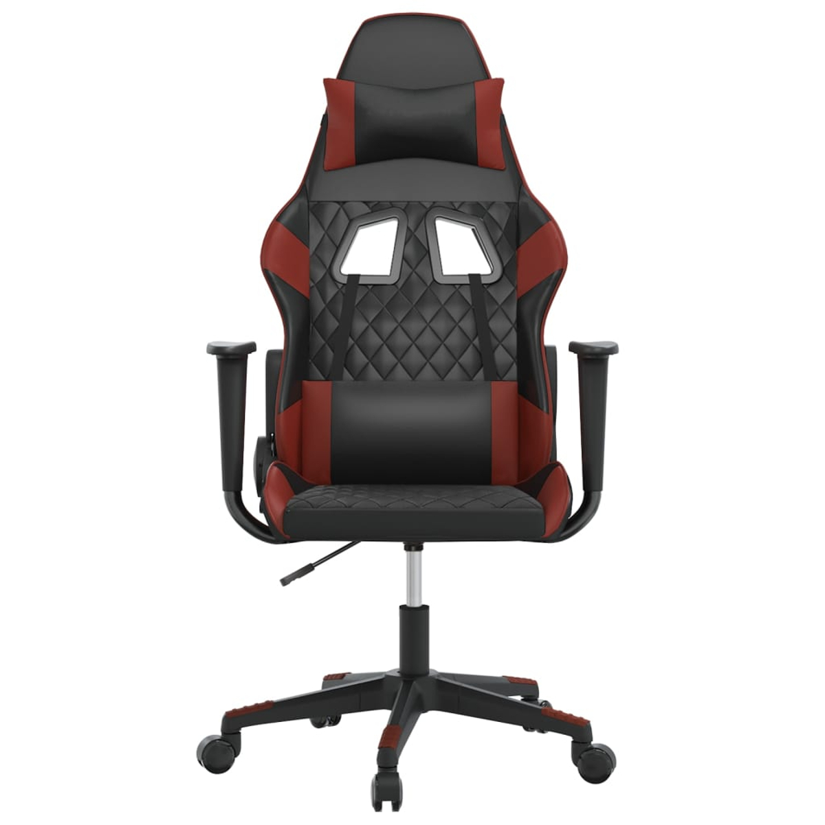 Ein schwarzer und roter Gaming-Stuhl mit Kopfstütze und Kissen.